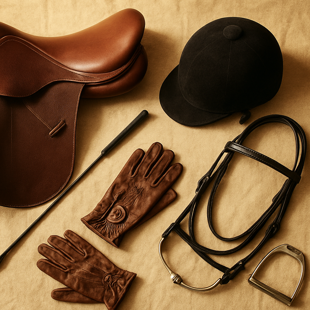 Equipement equestre : selle, bridon et etriers en cuir