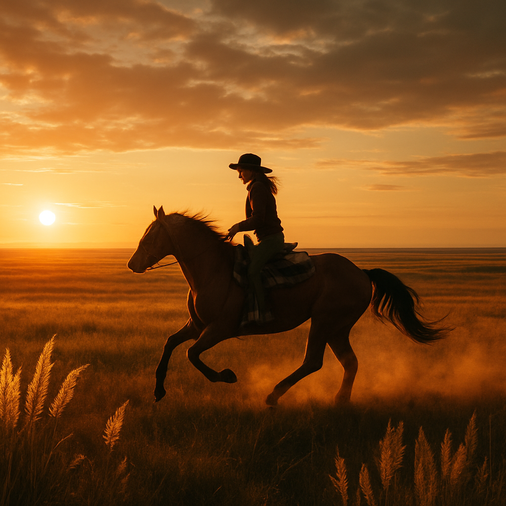 Cavalier galopant dans les prairies canadiennes